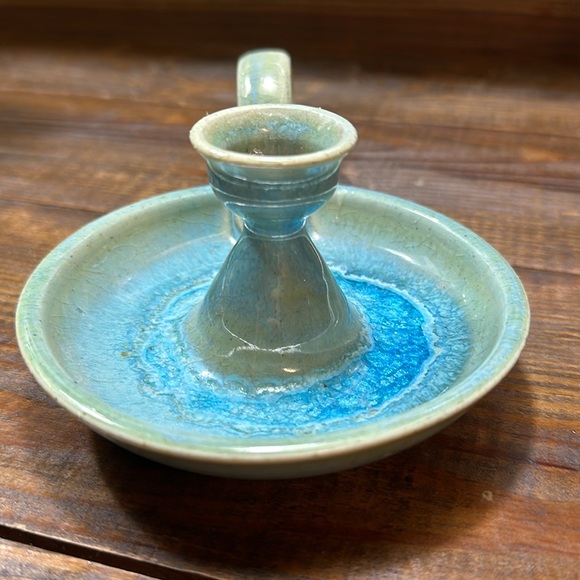 Studio Art Pottery Taper Candle Stick Holder Handmade Turquoise Color Stoneware - Picture 4 of 7